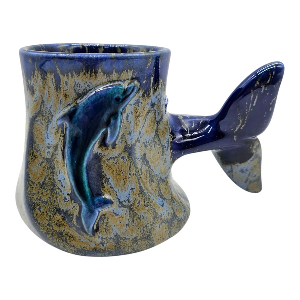 Doug Wylie Whale Dolphin Tail Coffee Mug Cup Blue Ceramic Art Pottery Drip Glaze